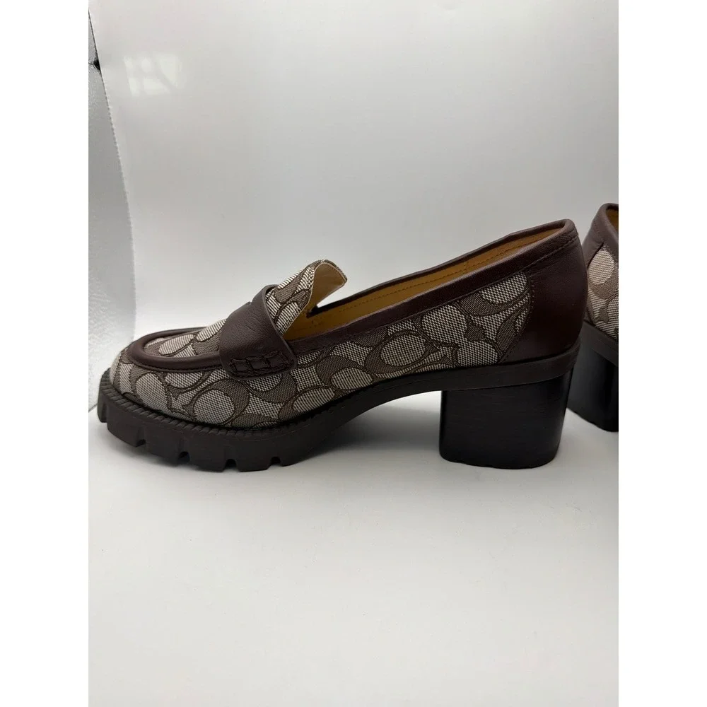 Coach Leah Loafer Signature Jacquard Leather Block Heel Lug Sole Brown Size 6.5